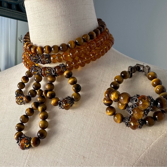 VTG 925 Sterling Silver Faceted Citrine & Tigers Eye Choker Necklace & Bracelet